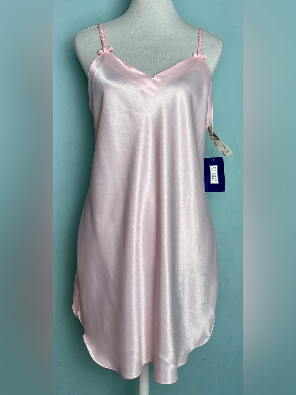Vintage Jennifer Moore Pale Pink Satin Chemise Nightgown Rosettes Braid Straps L